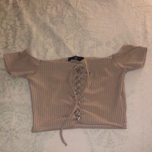 Missguided Nude Off-the-Shoulder Crop Top